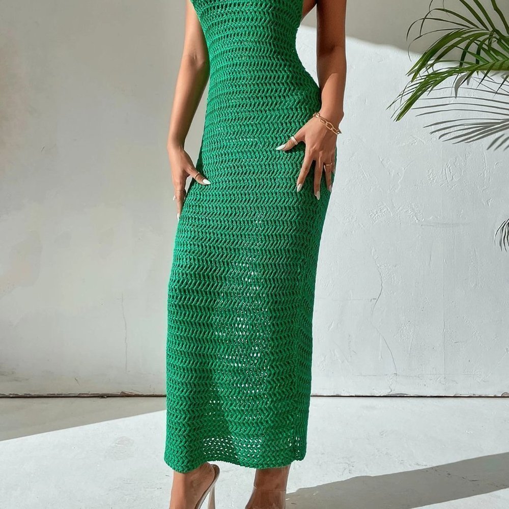 Boho Crochet Backless Halter Neck Bodycon Maxi Dress Green - Picture 6 of 6